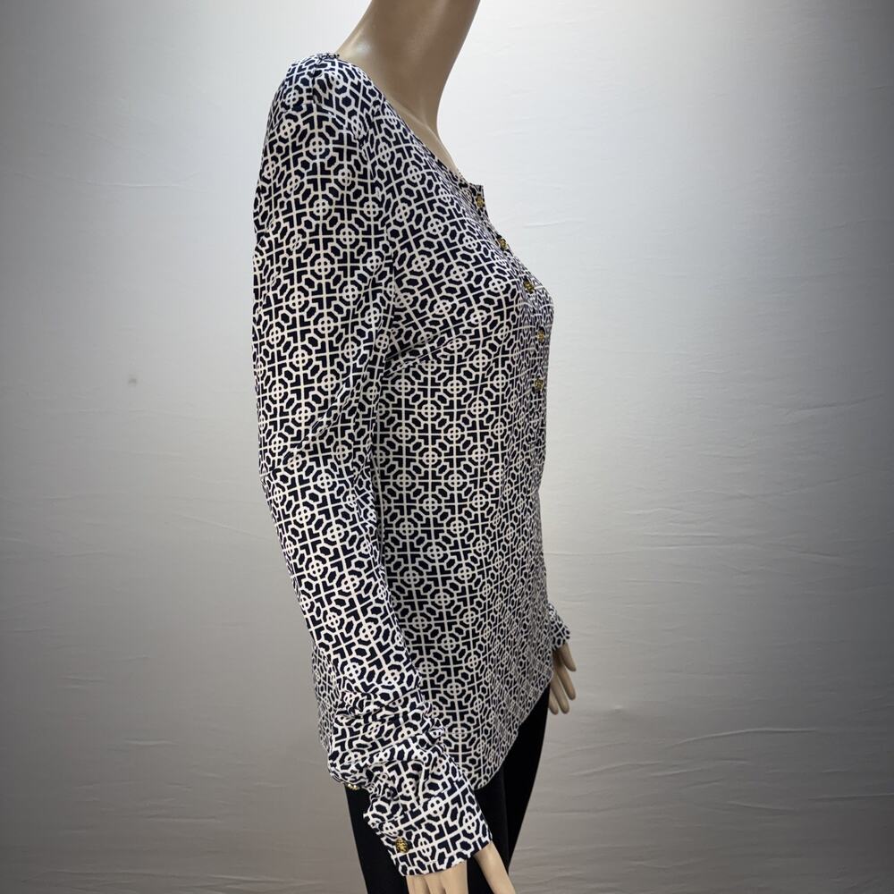 Tory Burch Geometric Print Jersey Henley Top Shirt Size L Gold Logo Buttons - Picture 7 of 9